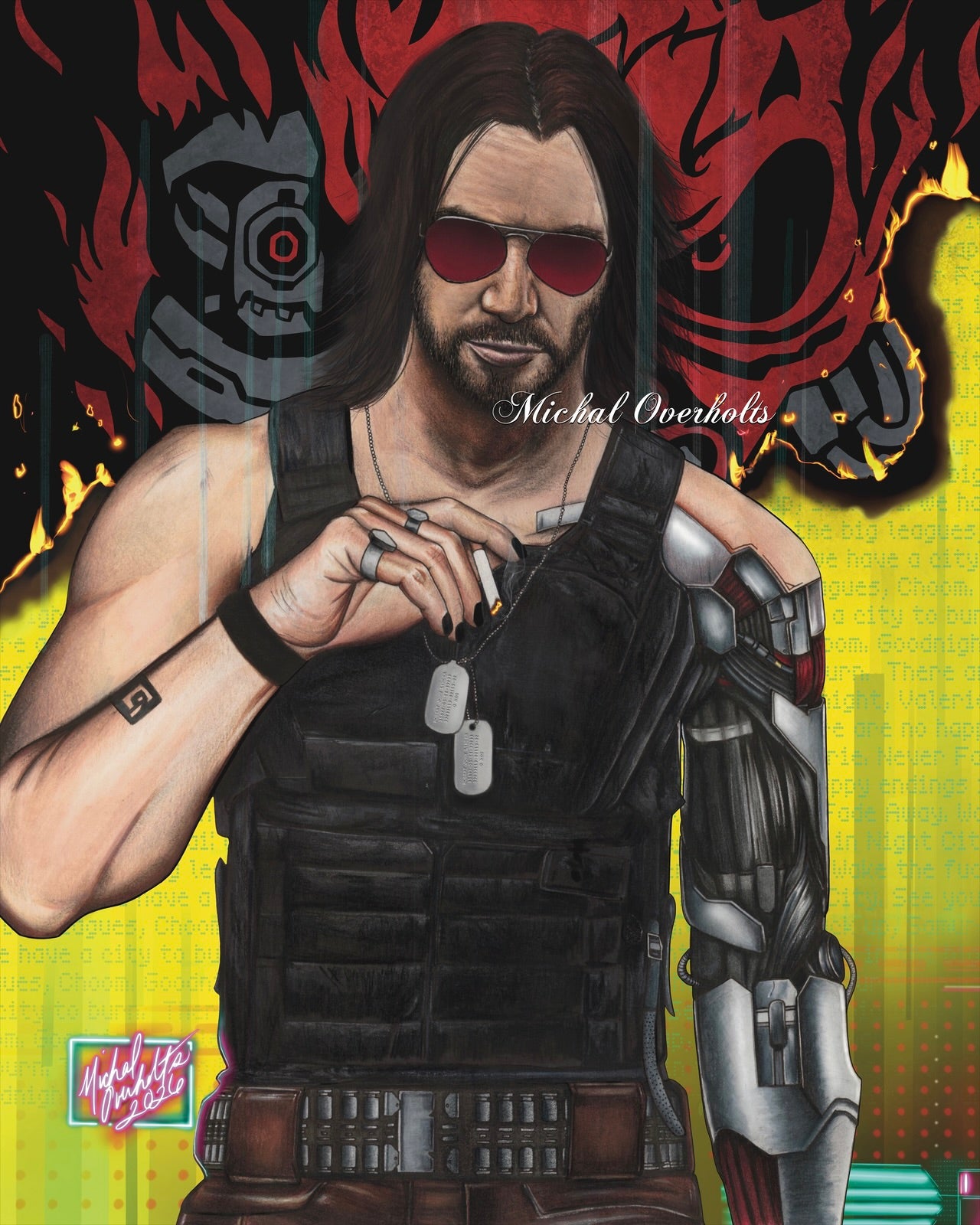 Johnny Cyberpunk Drawing Print – Art By Michal Overholts