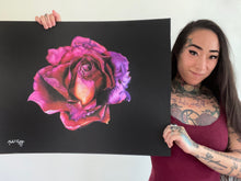 Load image into Gallery viewer, Neon Rose on Black Colored Pencil Realism Drawing
