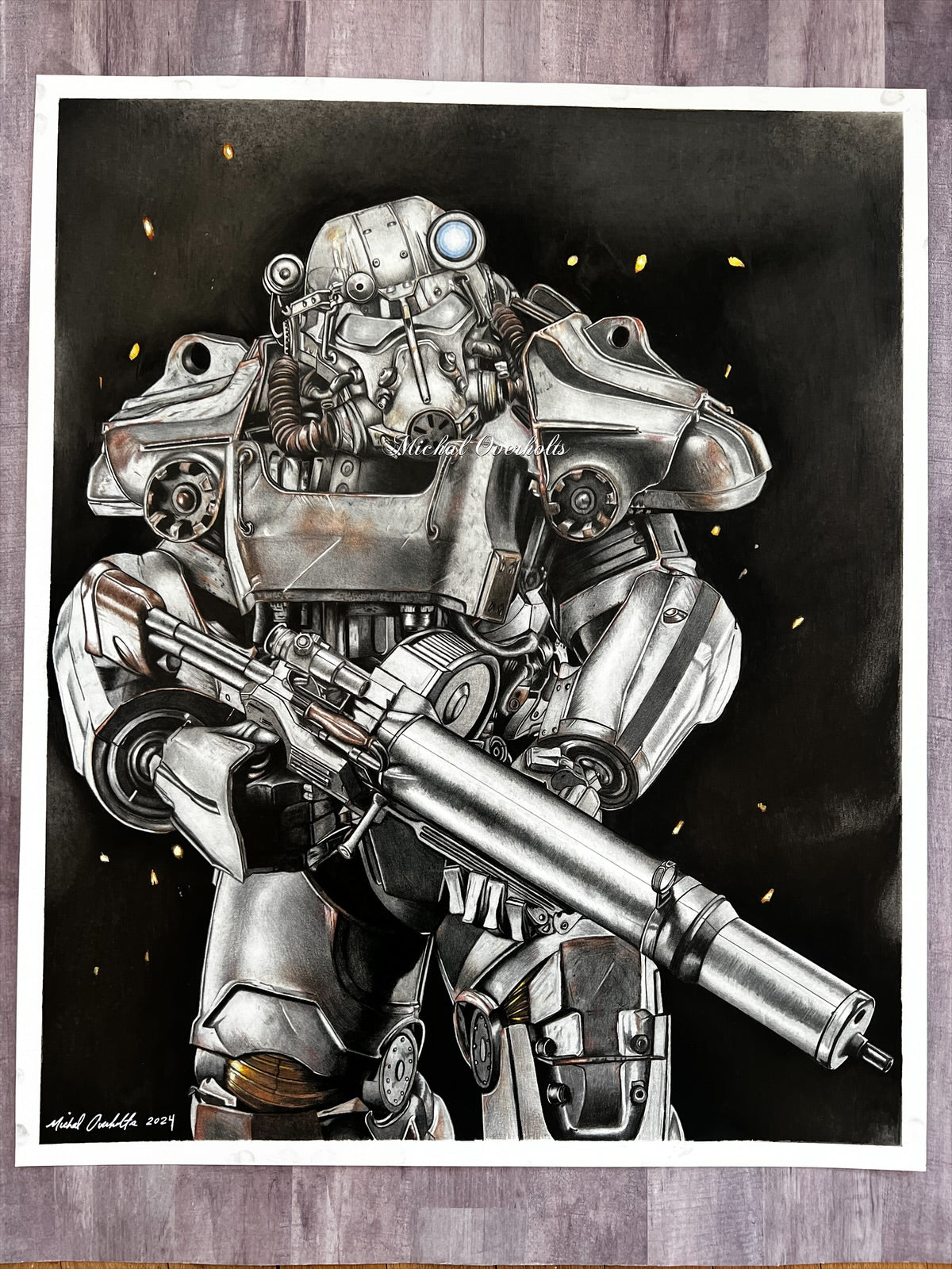90s Bill Bell 天体アートロンT XL Original Drawing: Fallout T-60 Power Armor Colored Pencil – Art By