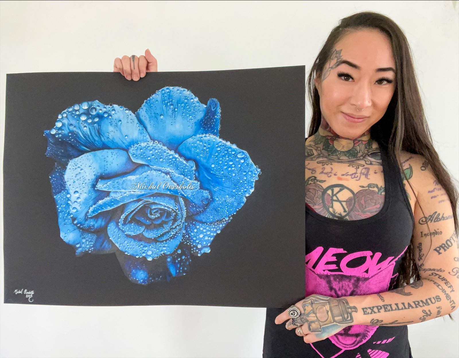 Blue Rose on Black Colored Pencil Drawing Realism Print – Art By