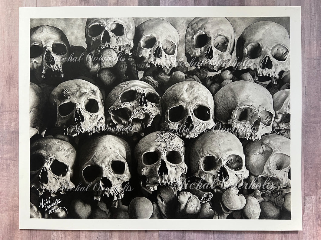 View From the Catacombs Fine Art Skull Drawing in Graphite and Charcoal PRINT